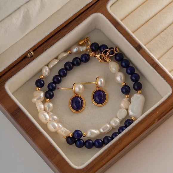 18K Gold Plated White Pearl Natural Oval Lapis Stone Earrings - Picture 1 of 7